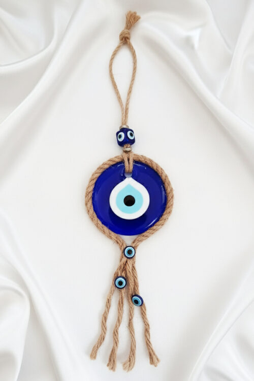 Rustic Jute-Wrapped Turkish Evil Eye Wall Hanging with Tassels