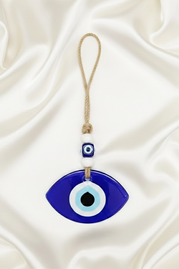 Striking Deep Blue Glass Evil Eye Wall Hanging with Jute Cord