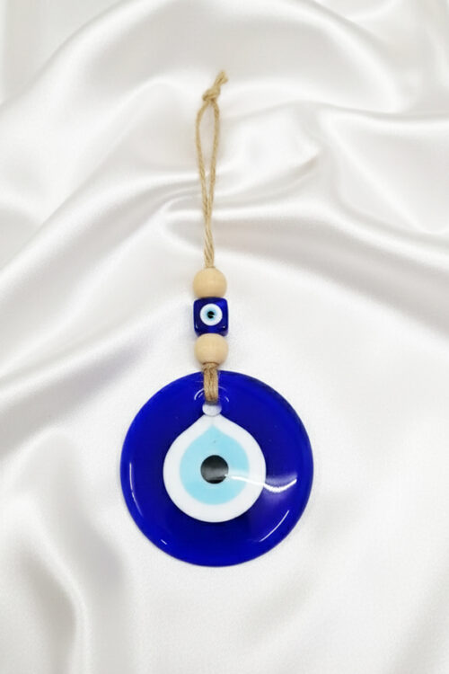 Rustic Glass Evil Eye Wall Hanging with Wooden Beads & Jute Rope