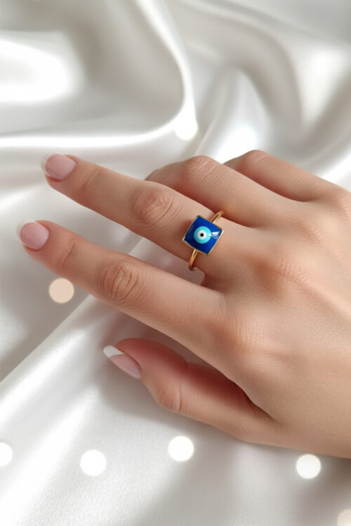Royal Blue Square Evil Eye Adjustable Ring – Symbol of Strength and Protection