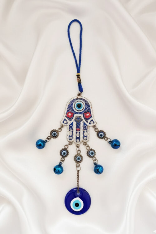Ornate Hamsa Hand & Evil Eye Wall Hanging with Blue Bells