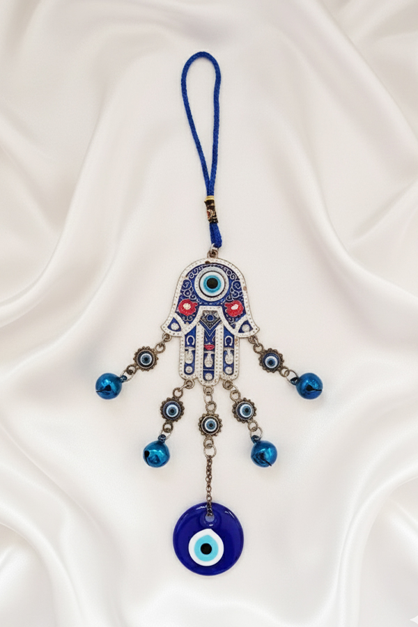 Ornate Hamsa Hand & Evil Eye Wall Hanging with Blue Bells