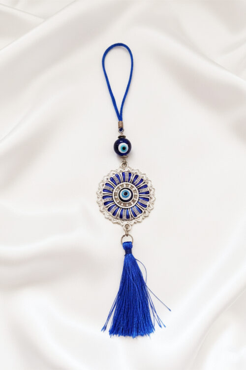 Ornate Silver Sunburst Evil Eye Hanging with Crystal Pave and Tassel
