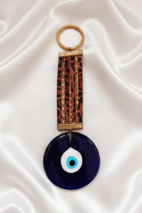 Bohemian Deep Blue Glass Evil Eye Hanging with Leopard Print Accent