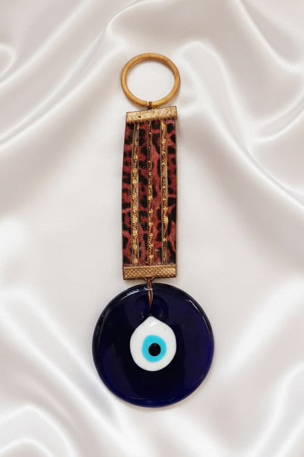 Bohemian Deep Blue Glass Evil Eye Hanging with Leopard Print Accent