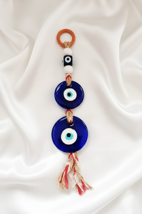 Double Blue Glass Evil Eye Wall Hanging with Rustic Jute Tassel