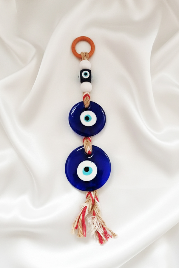 Double Blue Glass Evil Eye Wall Hanging with Rustic Jute Tassel