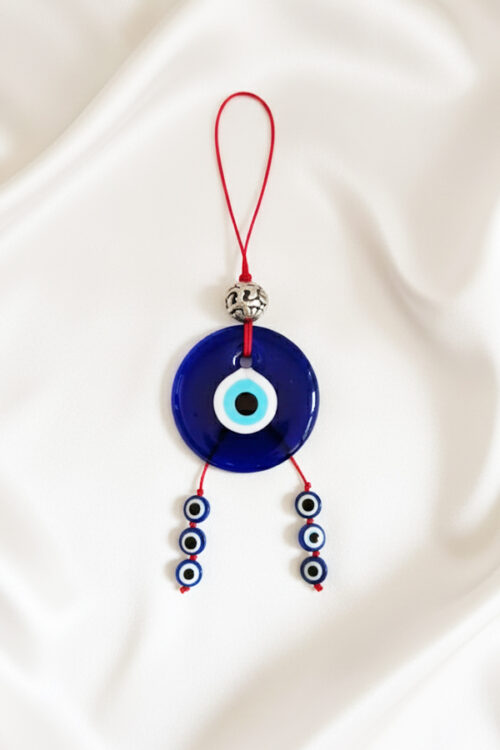 Traditional Deep Blue Glass Evil Eye Hanging with Red Cord & Dangle Beads