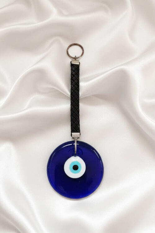 Chic Deep Blue Glass Evil Eye Wall Hanging with Black Leather Strap