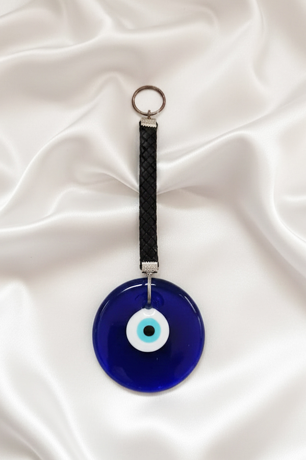 Chic Deep Blue Glass Evil Eye Wall Hanging with Black Leather Strap