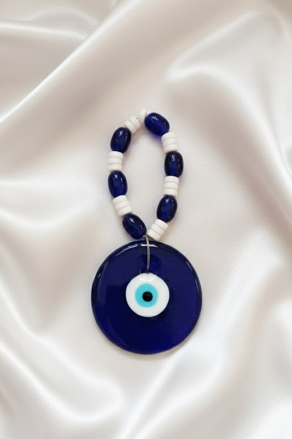 Classic Deep Blue Glass Evil Eye Wall Hanging with Beaded Loop
