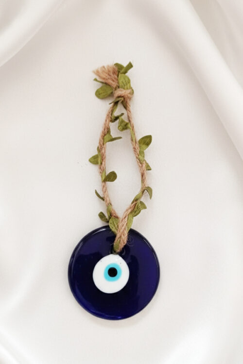 Bohemian Glass Evil Eye Hanging with Jute & Greenery Accent