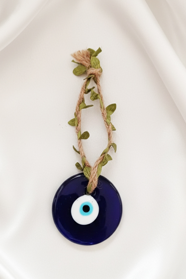 Bohemian Glass Evil Eye Hanging with Jute & Greenery Accent