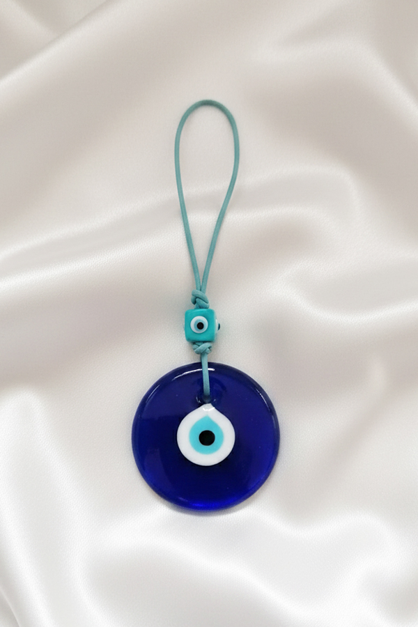 Modern Deep Blue Glass Evil Eye Hanging with Aqua Cord