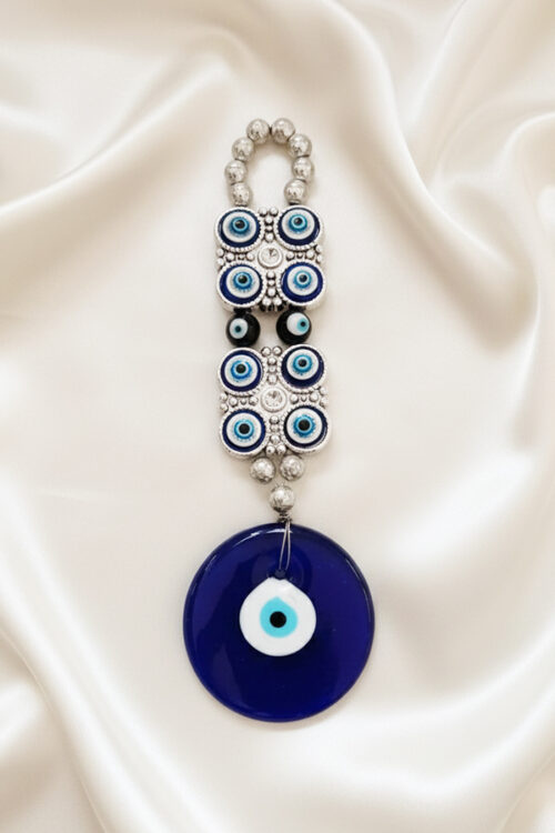 Ornate Silver Medallion & Glass Evil Eye Wall Hanging with Crystal Pave
