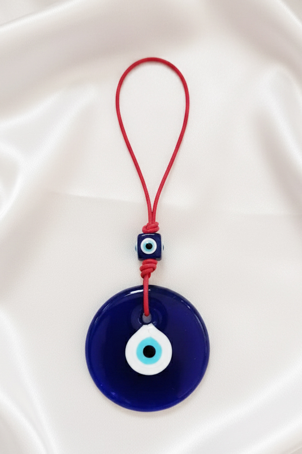 Traditional Deep Blue Glass Evil Eye Protection Hanging with Red Cord