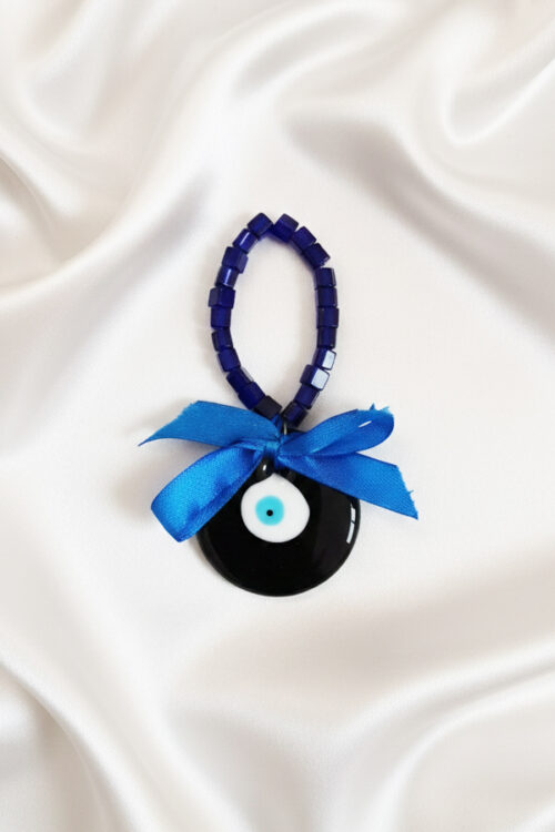 Bold Black Glass Evil Eye Hanging with Blue Beaded Loop & Ribbon