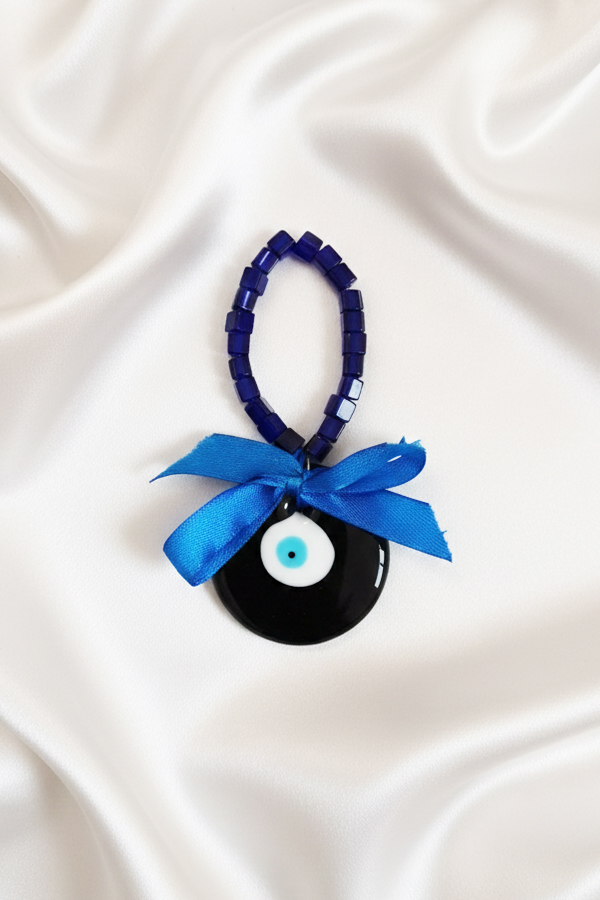 Bold Black Glass Evil Eye Hanging with Blue Beaded Loop & Ribbon