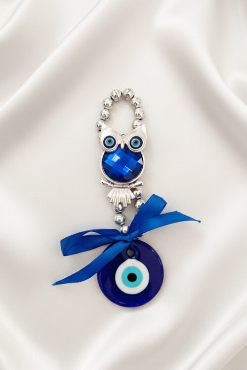 Ornate Silver Owl & Crystal Evil Eye Hanging with Ribbon Accent