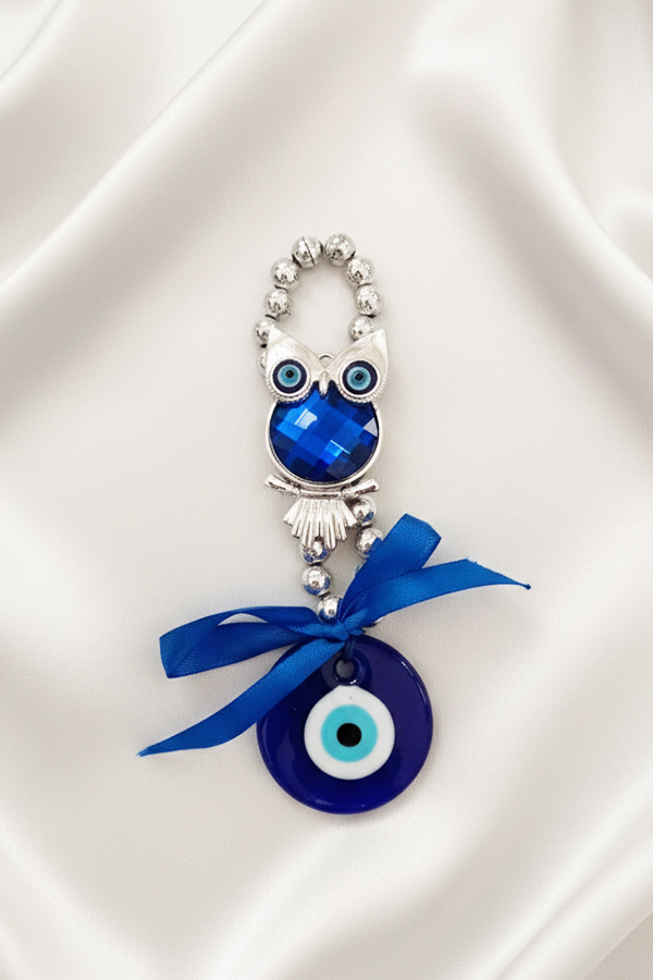 Ornate Silver Owl & Crystal Evil Eye Hanging with Ribbon Accent