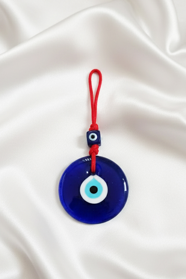 Traditional Deep Blue Glass Evil Eye Protection Hanging with Red Cord