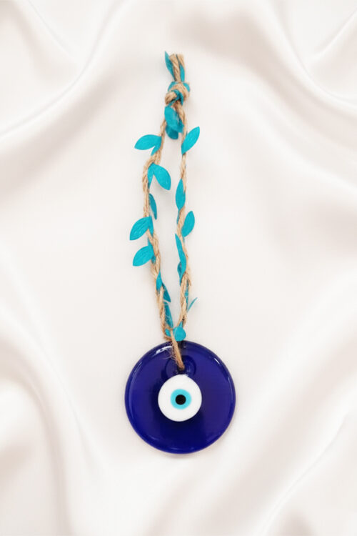 Bohemian Glass Evil Eye Hanging with Teal Leaves & Jute Twine