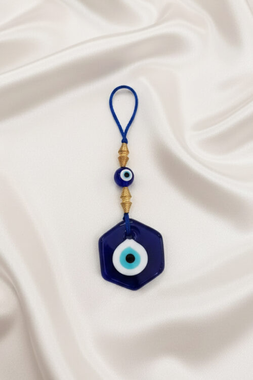 Modern Hexagon Glass Evil Eye Hanging with Gold Bead Accents