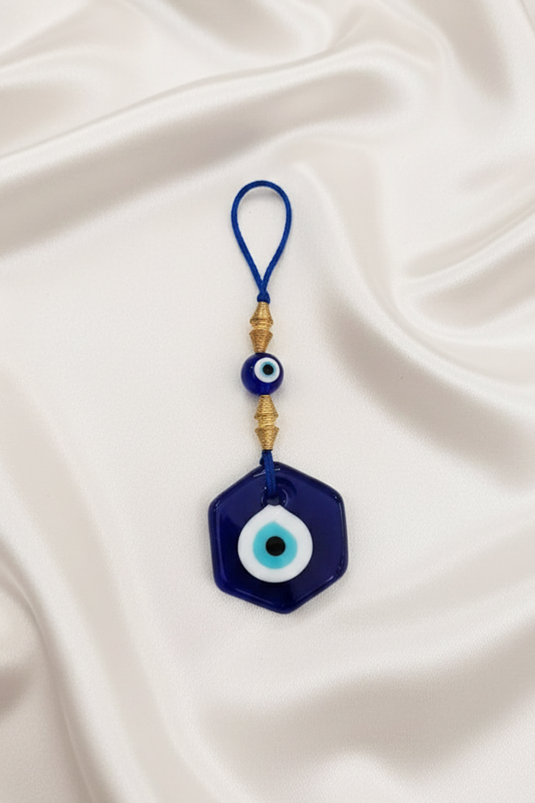 Modern Hexagon Glass Evil Eye Hanging with Gold Bead Accents
