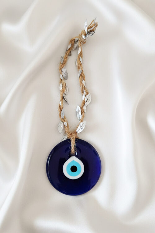 Bohemian Glass Evil Eye Hanging with Jute Rope and Silver Leaf Accent