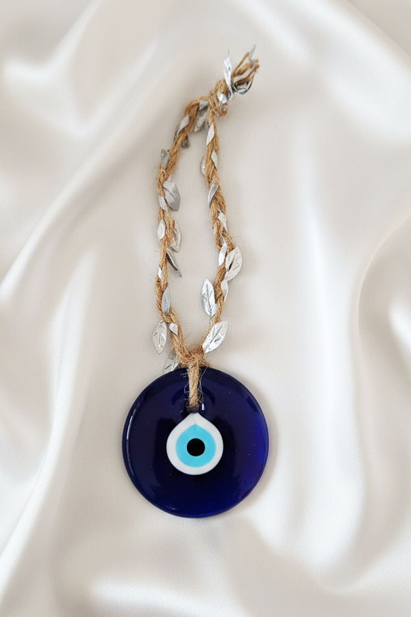 Bohemian Glass Evil Eye Hanging with Jute Rope and Silver Leaf Accent