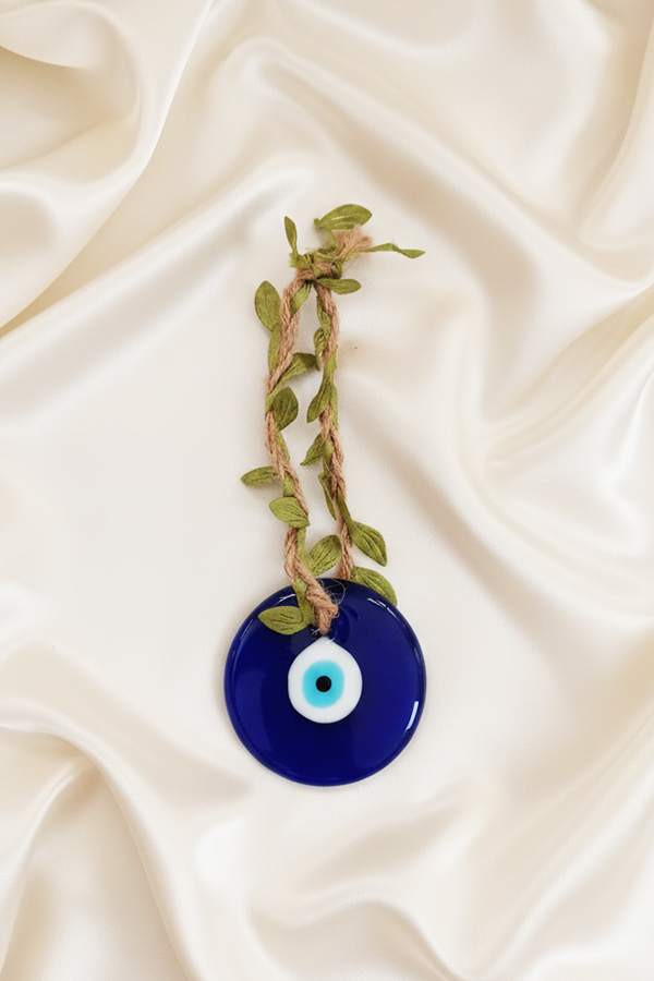 Giant Turkish Evil Eye Glass Hanging with Natural Jute & Vine Accent