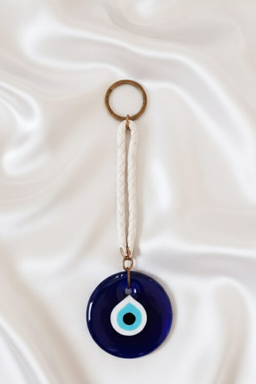 Modern Glass Evil Eye Wall Hanging with Braided White Leather Strap