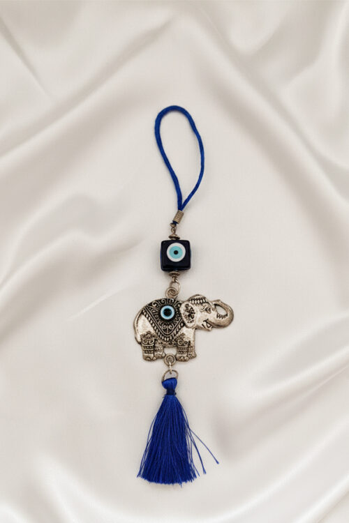 Silver Lucky Elephant & Evil Eye Charm Hanging with Tassel
