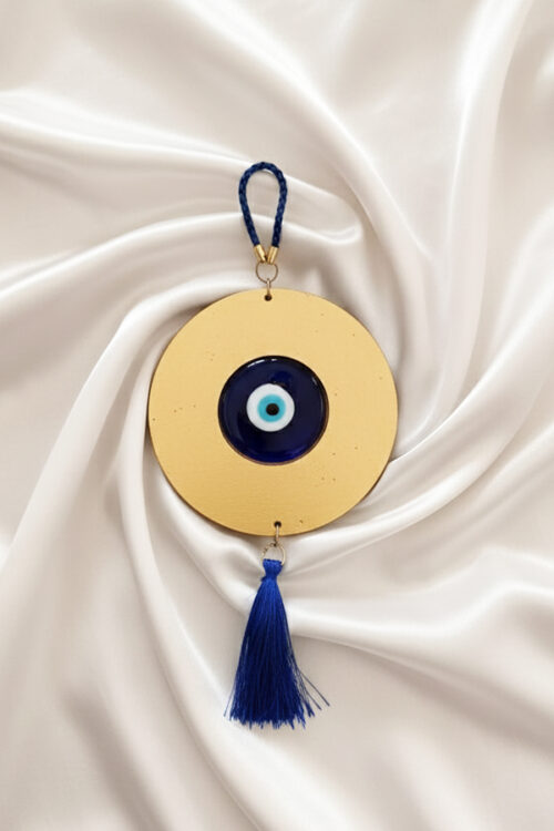 Modern Gold Medallion Evil Eye Wall Hanging with Blue Tassel