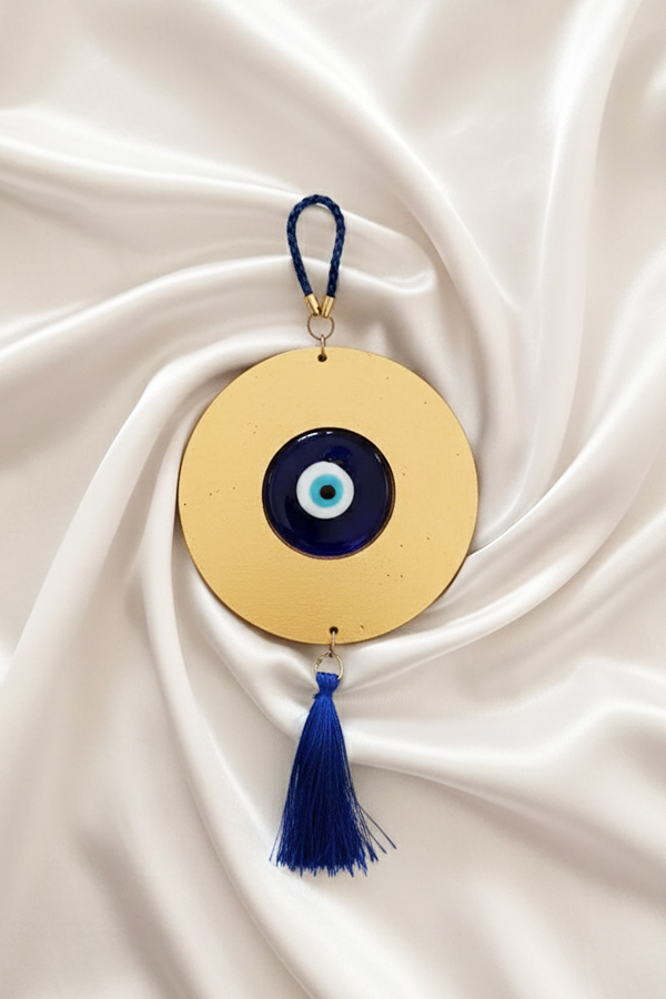 Modern Gold Medallion Evil Eye Wall Hanging with Blue Tassel