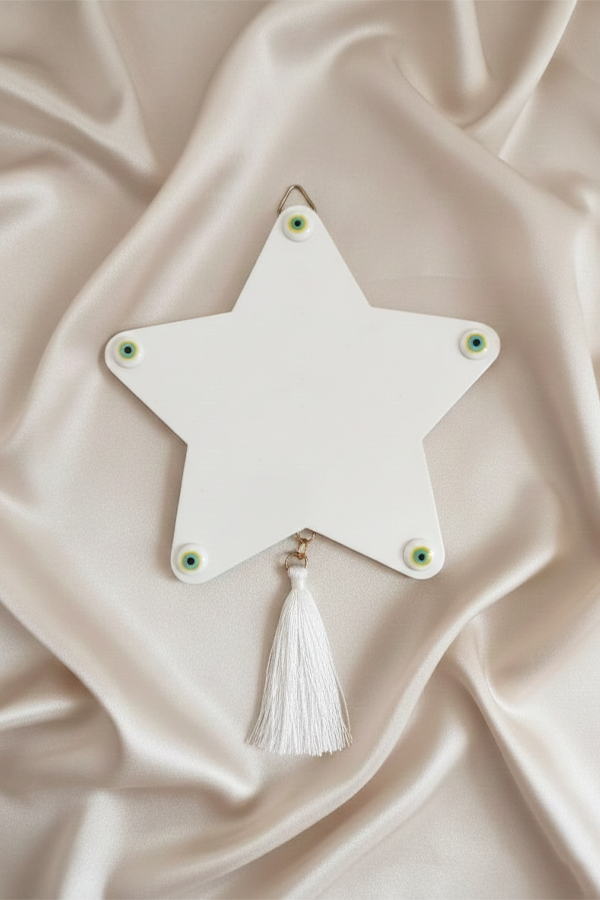 Minimalist White Star Wall Hanging with Green Evil Eye Accents
