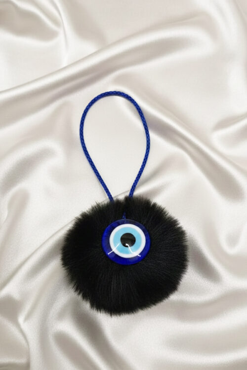Chic Black Fur Pom Pom & Classic Evil Eye Hanging Charm