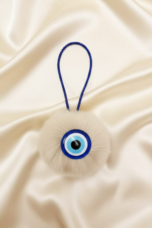 Elegant Beige Faux Fur Pom Pom & Evil Eye Hanging Charm