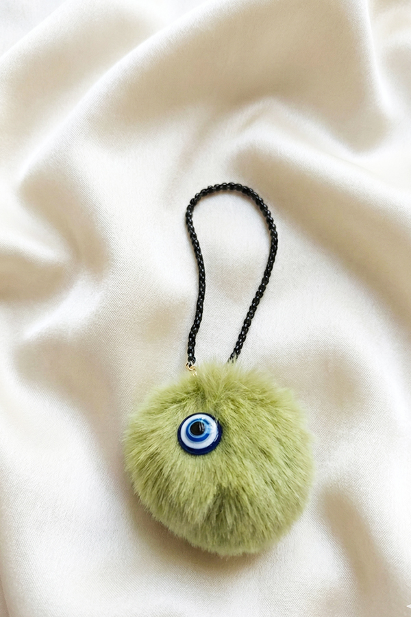 Playful Sage Green Fur Pom Pom & Evil Eye Hanging Charm