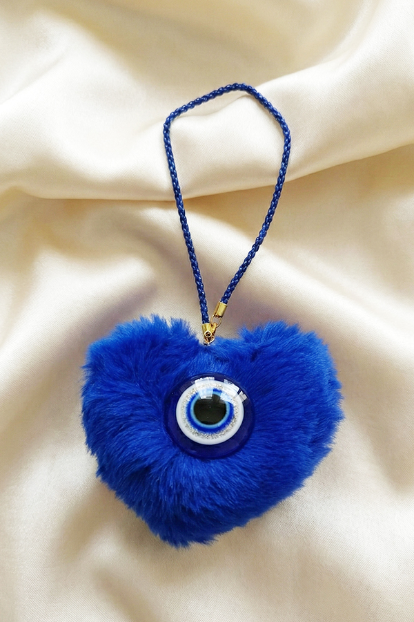 Vibrant Royal Blue Faux Fur Heart & Glass Evil Eye Hanging Charm