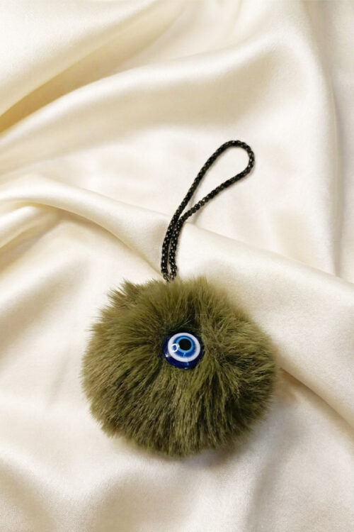 Chic Olive Green Faux Fur Pom-Pom Evil Eye Charm