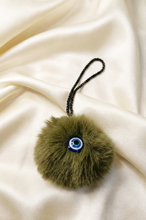 Chic Olive Green Faux Fur Pom-Pom Evil Eye Charm
