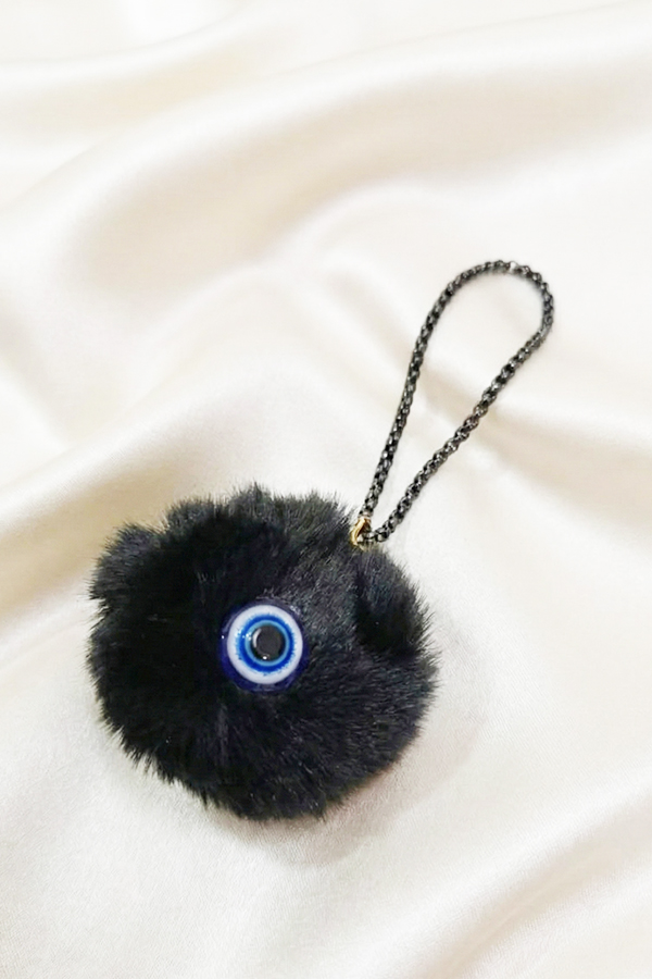 Chic Jet Black Faux Fur Pom Pom & Glass Evil Eye Hanging Charm with Sparkly Chain