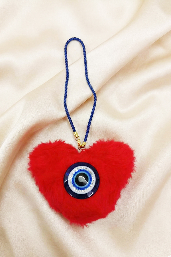 Vibrant Red Plush Heart & Evil Eye Hanging Charm