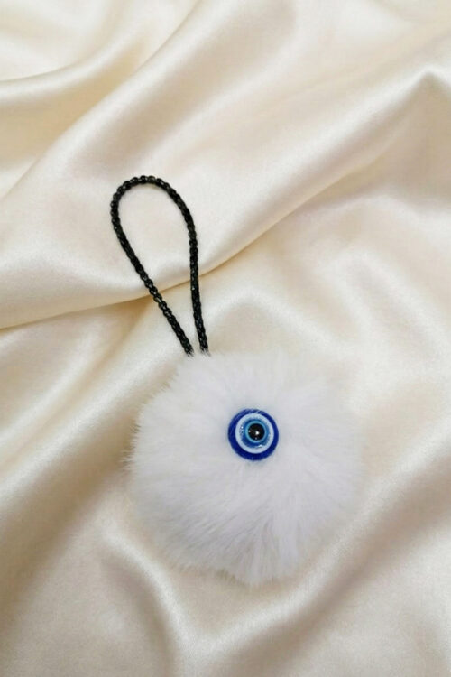 Pristine White Faux Fur Pom Pom & Glass Evil Eye Hanging Charm