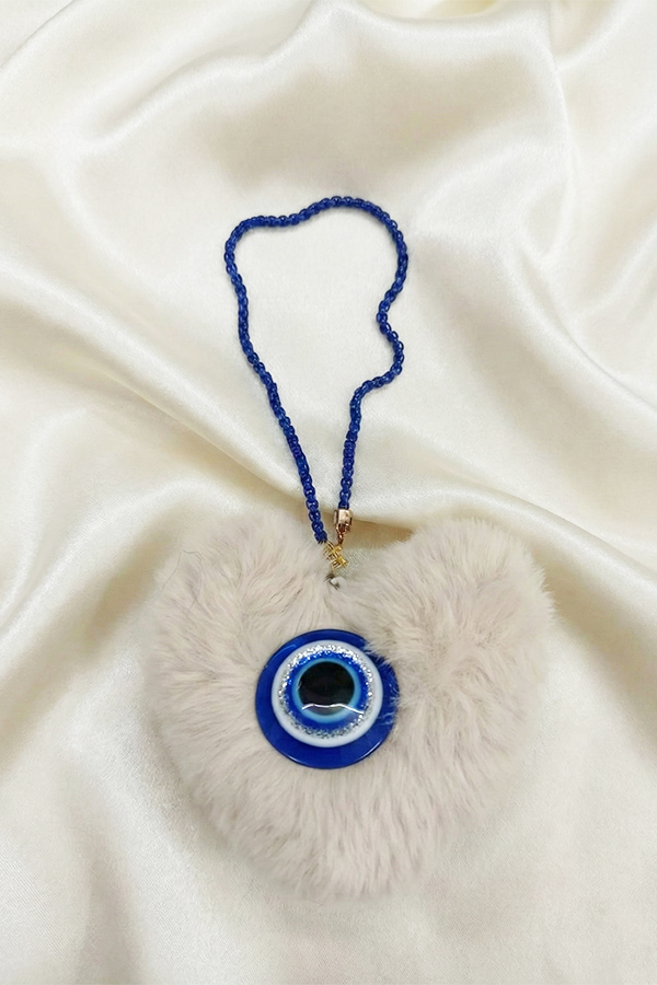 Cozy Beige Faux Fur Heart Evil Eye Hanging with Beaded Loop