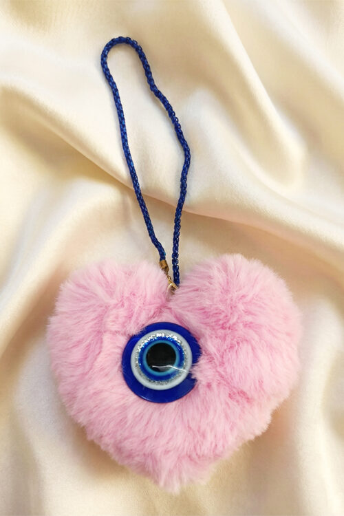 Adorable Pink Plush Heart & Glass Evil Eye Hanging Charm