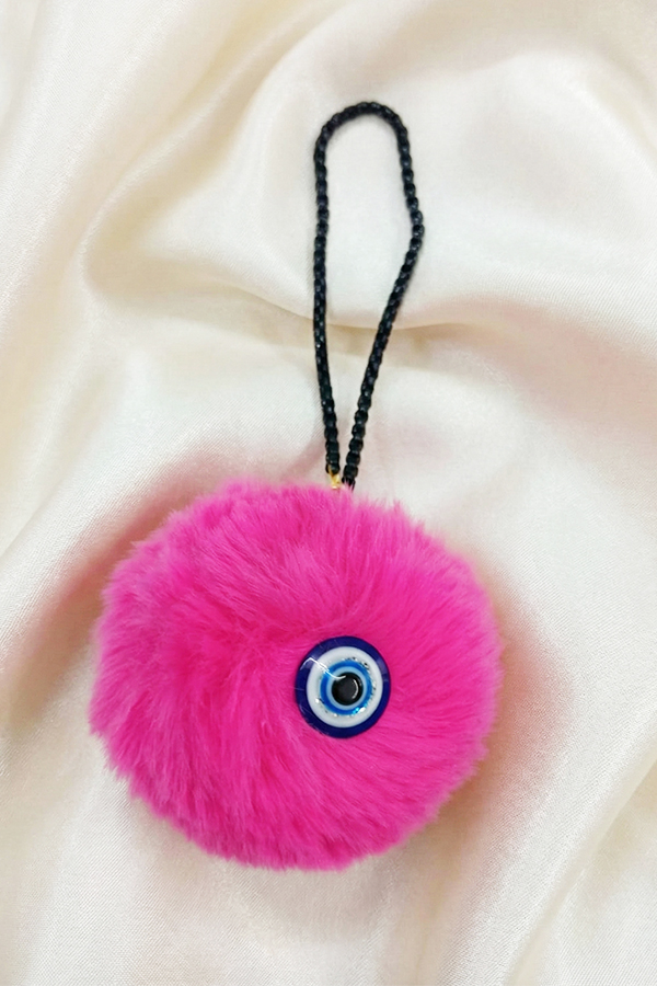 Vibrant Hot Pink Faux Fur Pom-Pom Evil Eye Hanging Charm