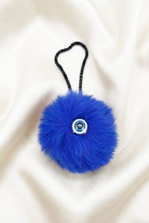 Vibrant Royal Blue Faux Fur Pom Pom & Evil Eye Hanging Charm