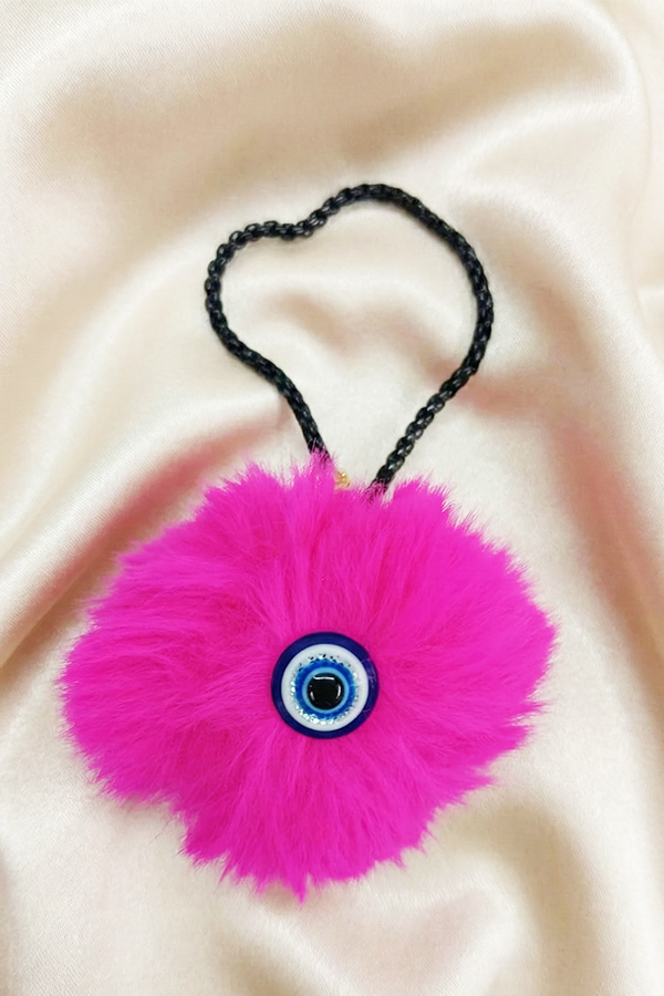 Vibrant Hot Pink Faux Fur Pom Pom & Evil Eye Hanging Charm